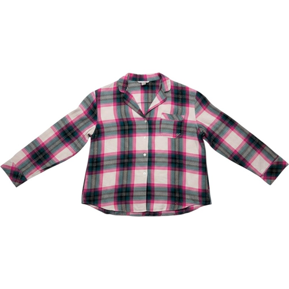 Women Top Victorias Secret Plaid Pajama Top Pink Teal Gold Lurex Shirt M